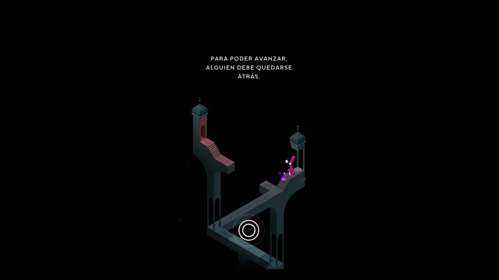 Escena oscura de Monument Valley 3 con dos personajes ante una arquitectura imposible y el texto «Para poder avanzar, alguien debe quedarse atrás».