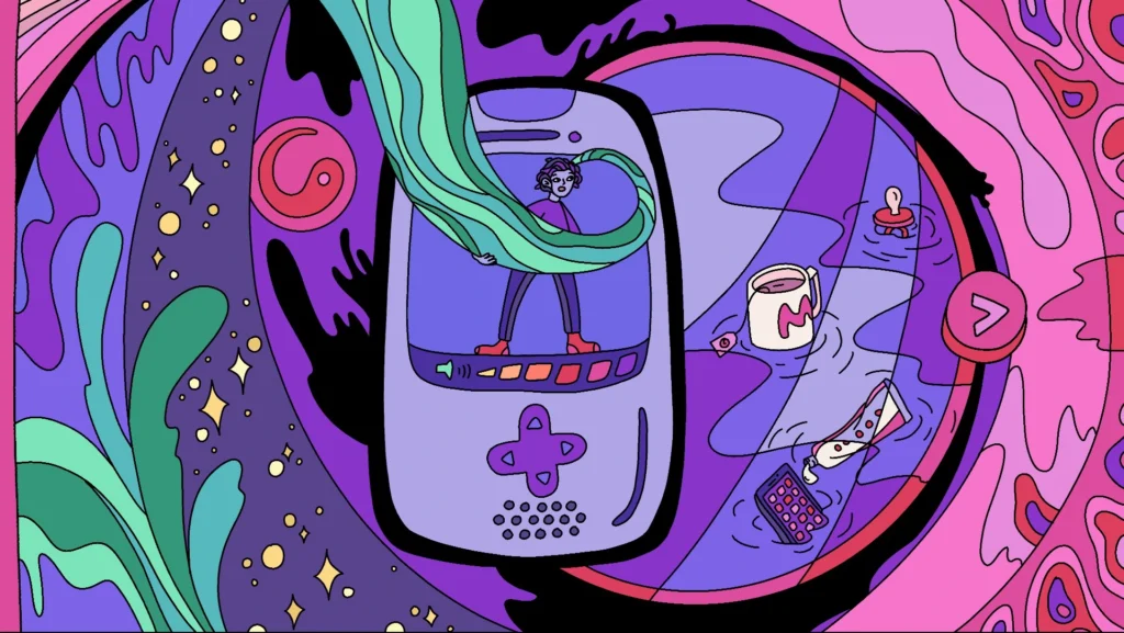 Ilustración psicodélica de Escape the Baby Alarm con una mujer atrapada dentro de una consola portátil rodeada de objetos cotidianos caóticos.