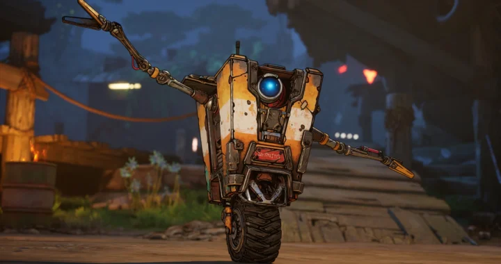 Claptrap de Borderlands 4 con los brazos abiertos sobre una rueda, en un callejón nocturno con estética cel-shading.