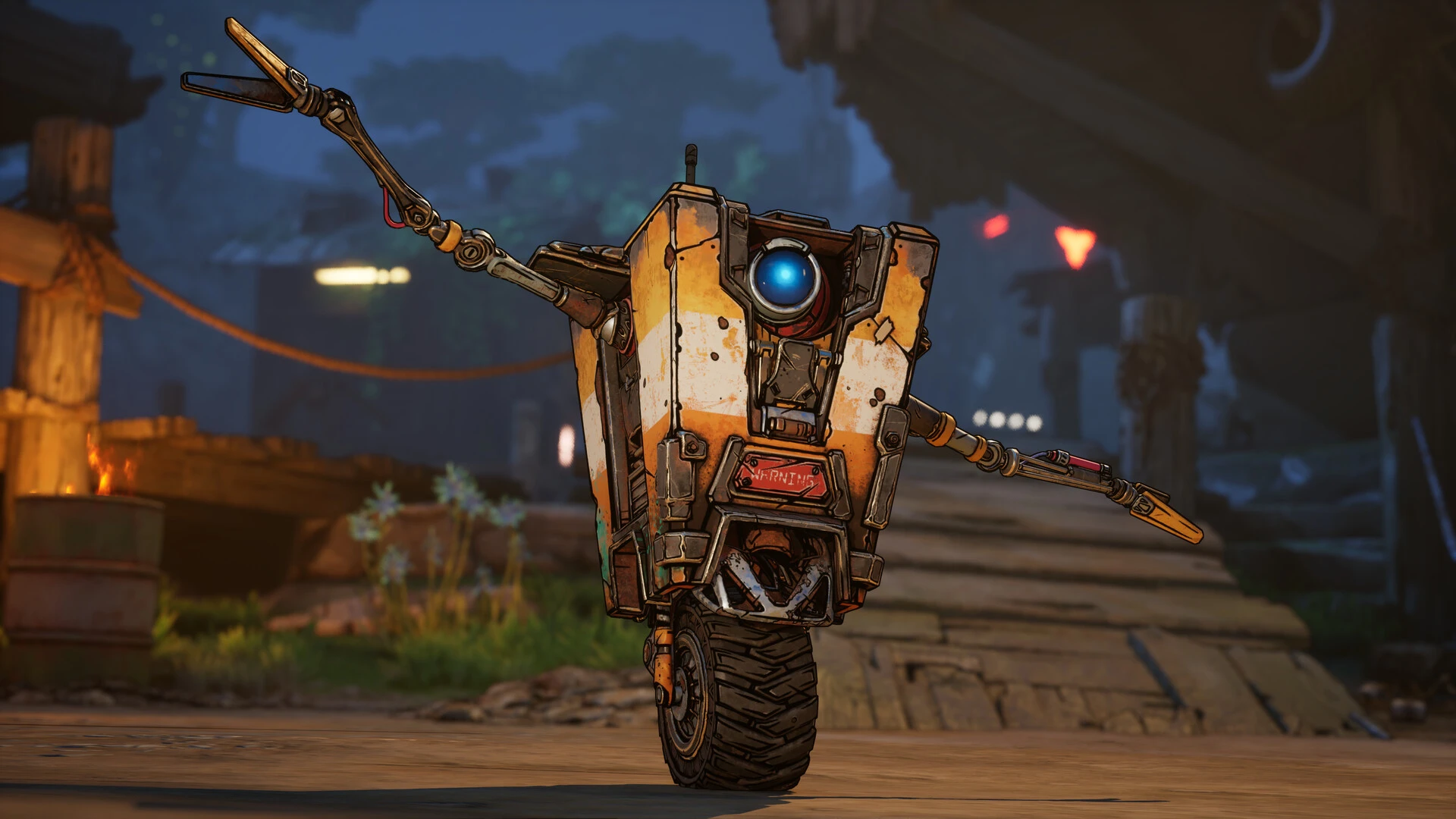 Claptrap de Borderlands 4 con los brazos abiertos sobre una rueda, en un callejón nocturno con estética cel-shading.