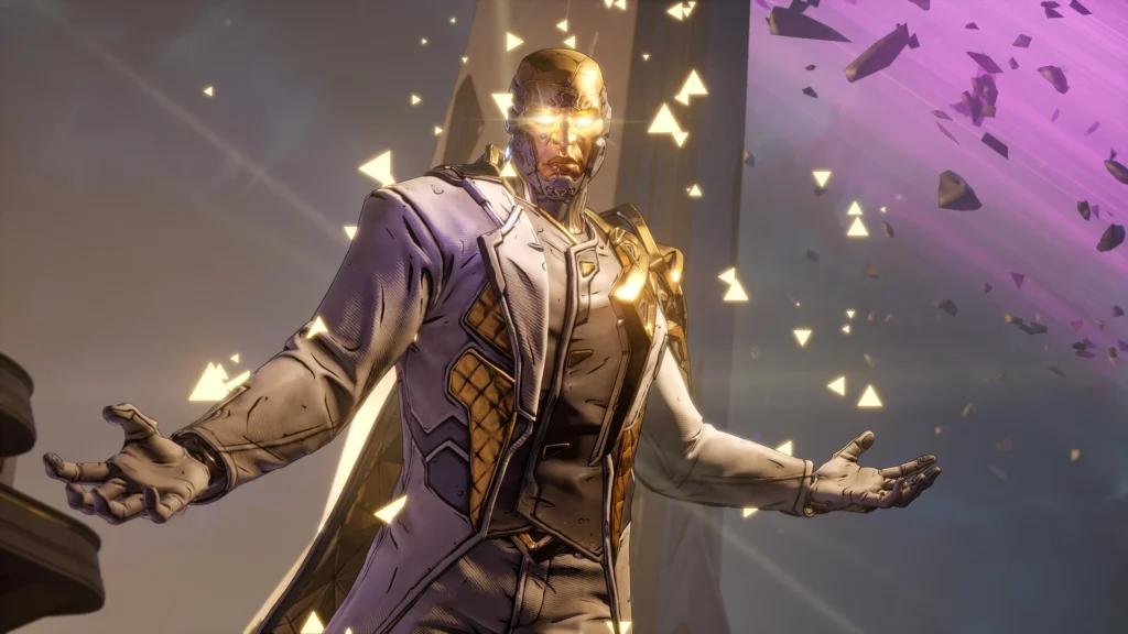 El Cronoguardián, villano de Borderlands 4, extiende los brazos rodeado de fragmentos dorados y luz sobrenatural.