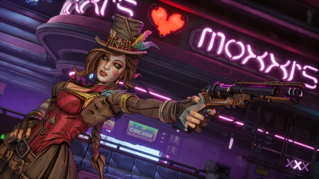 Moxxi apunta con un revólver frente al neón de su bar en Borderlands 4, con su característico sombrero de copa.