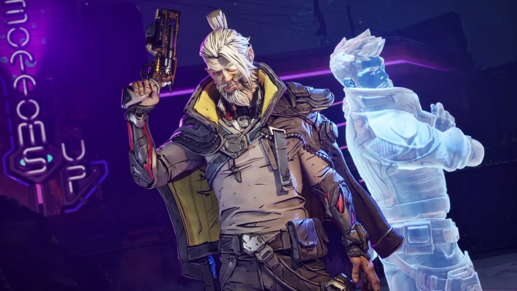 Zane, el Buscacámaras de Borderlands 4, empuña una pistola junto a su doble holográfico en un entorno neón.