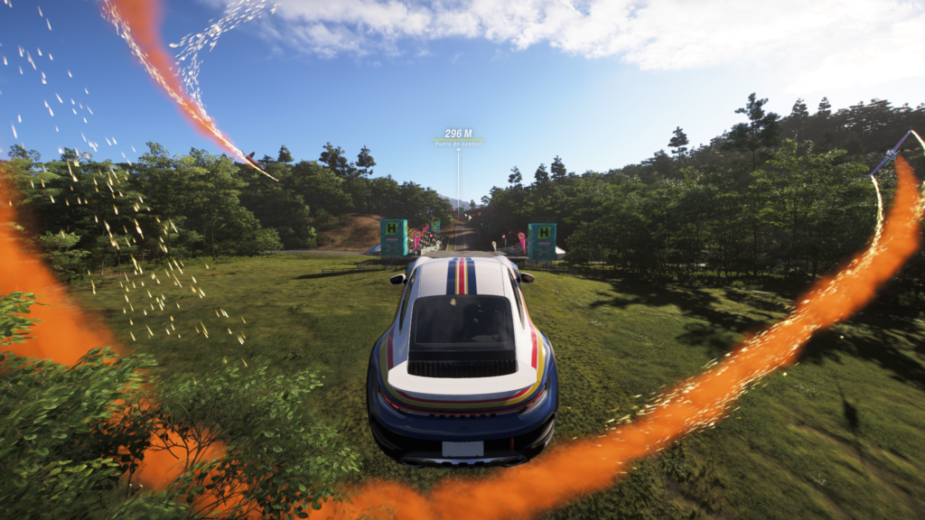 Un Porsche cruza una meta rodeado de fuegos artificiales en una carrera espectacular de Forza Horizon 6.