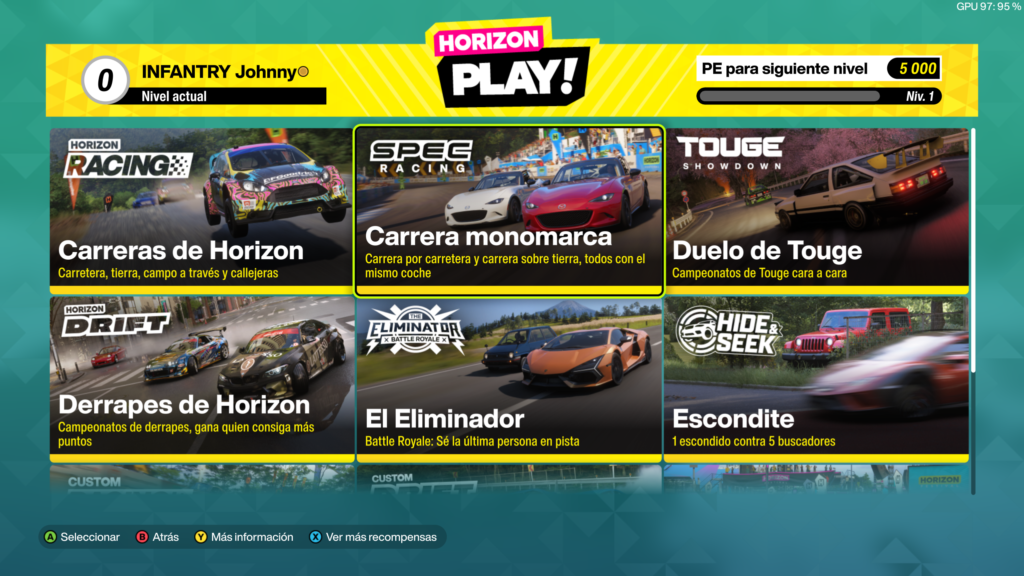 Menú multijugador de Forza Horizon 6 con seis modos: carreras, derrapers, touge, battle royale y escondite.