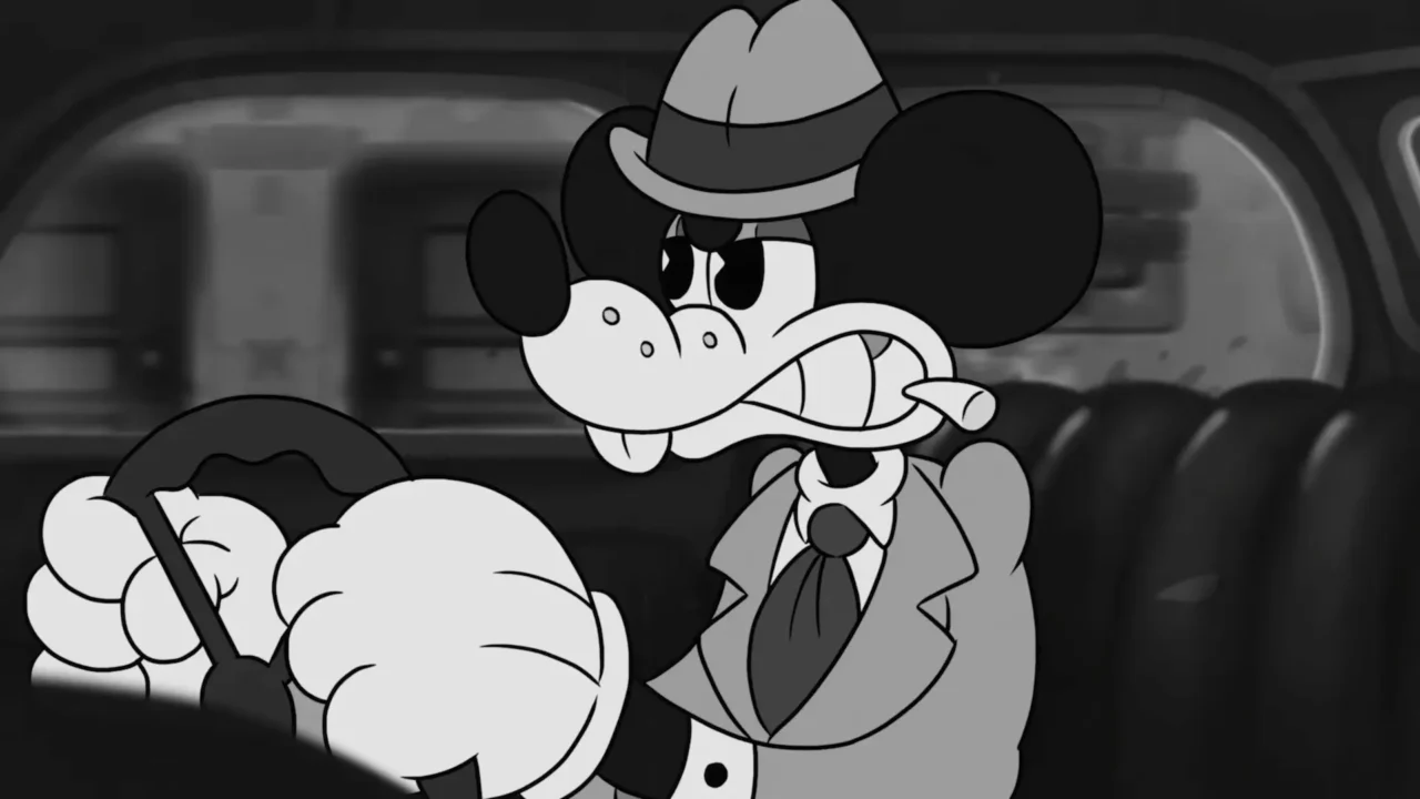 Jack Pepper al volante con gesto serio en una cinemática cartoon de MOUSE: P.I. For Hire.