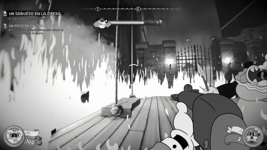Combate en primera persona contra un jefe en un escenario en llamas de MOUSE: P.I. For Hire.