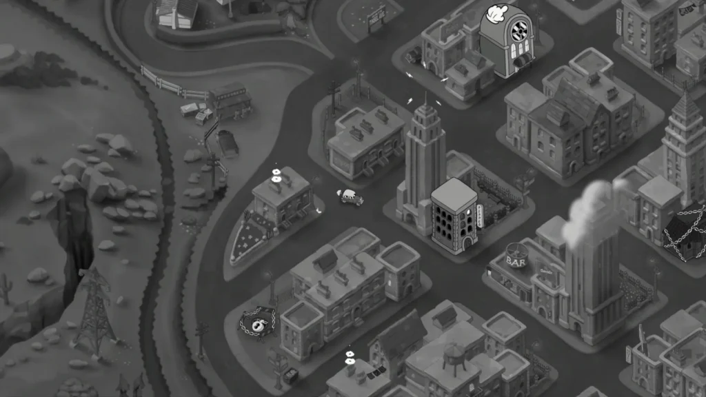 Mapa isométrico en blanco y negro del barrio hub de MOUSE: P.I. For Hire con edificios y NPCs.