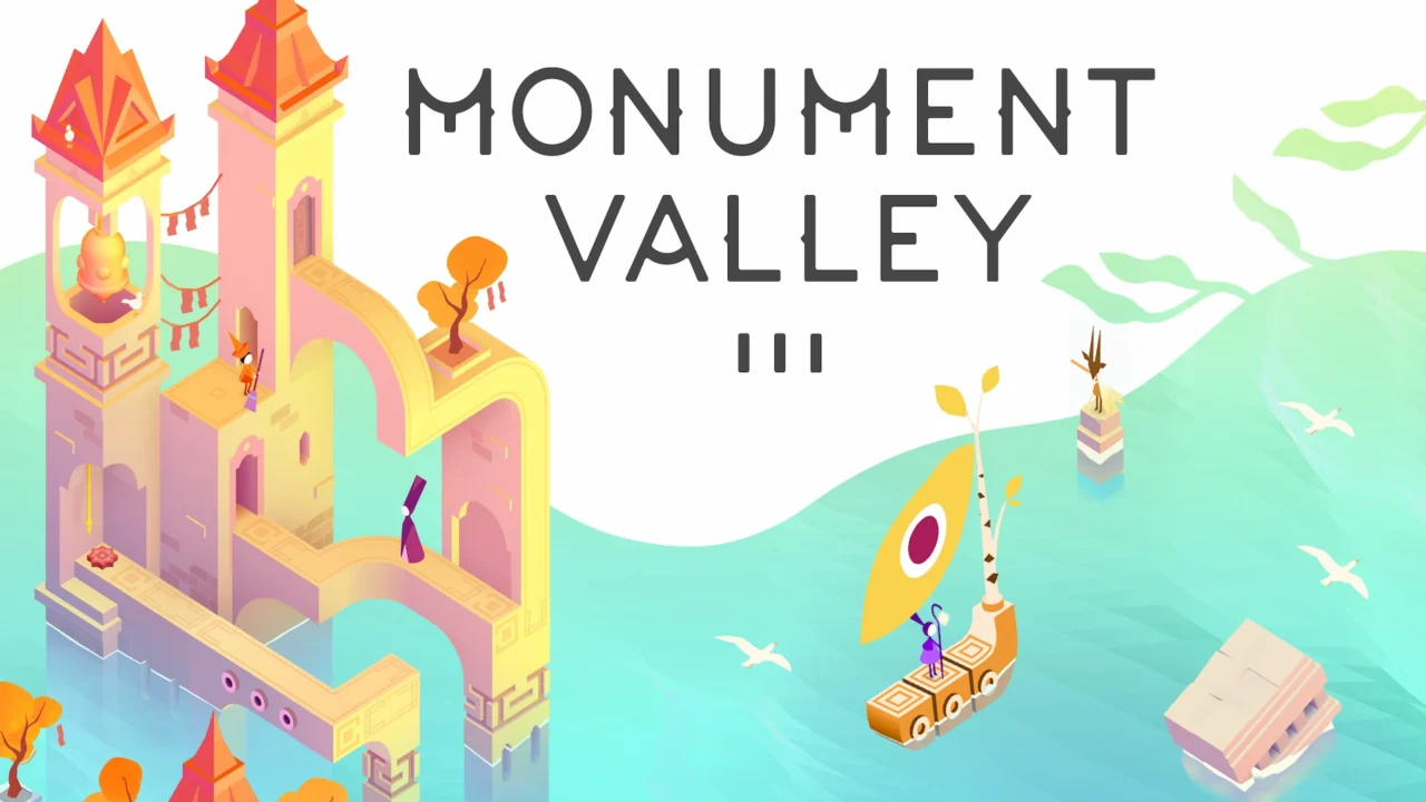 Arte promocional de Monument Valley 3 con un castillo pastel, la protagonista en un barco dorado y colores cálidos.