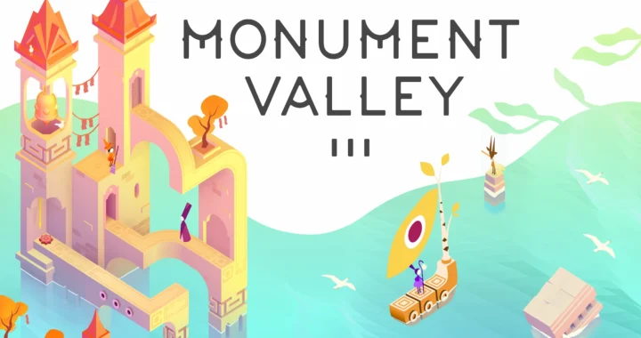 Arte promocional de Monument Valley 3 con un castillo pastel, la protagonista en un barco dorado y colores cálidos.