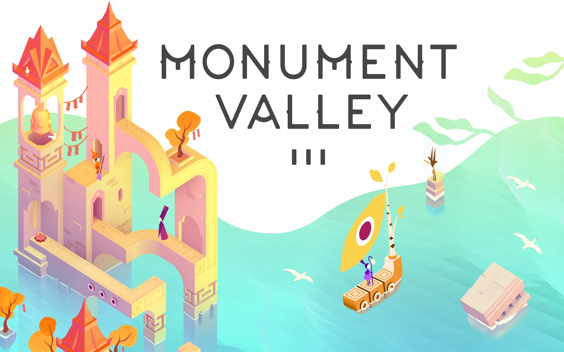Arte promocional de Monument Valley 3 con un castillo pastel, la protagonista en un barco dorado y colores cálidos.