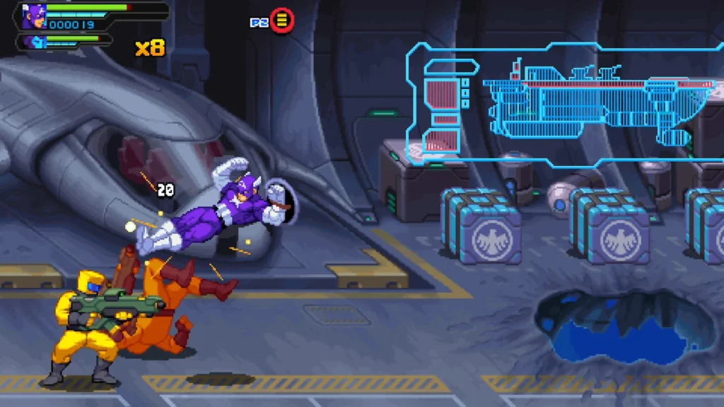 Capitán América golpea a enemigos con trajes amarillos en una nave de SHIELD durante un combate de Marvel Cosmic Invasion.