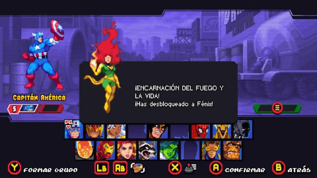 Capitán América junto al menú de personajes al desbloquear a Fénix en Marvel Cosmic Invasion.