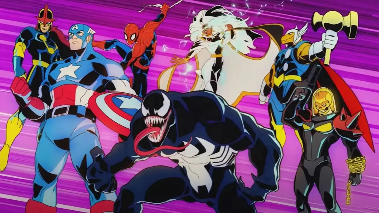 Spider-Man, Capitán América, Tormenta, Venom y más personajes posan en una escena de un tráiler de Marvel Cosmic Invasion.