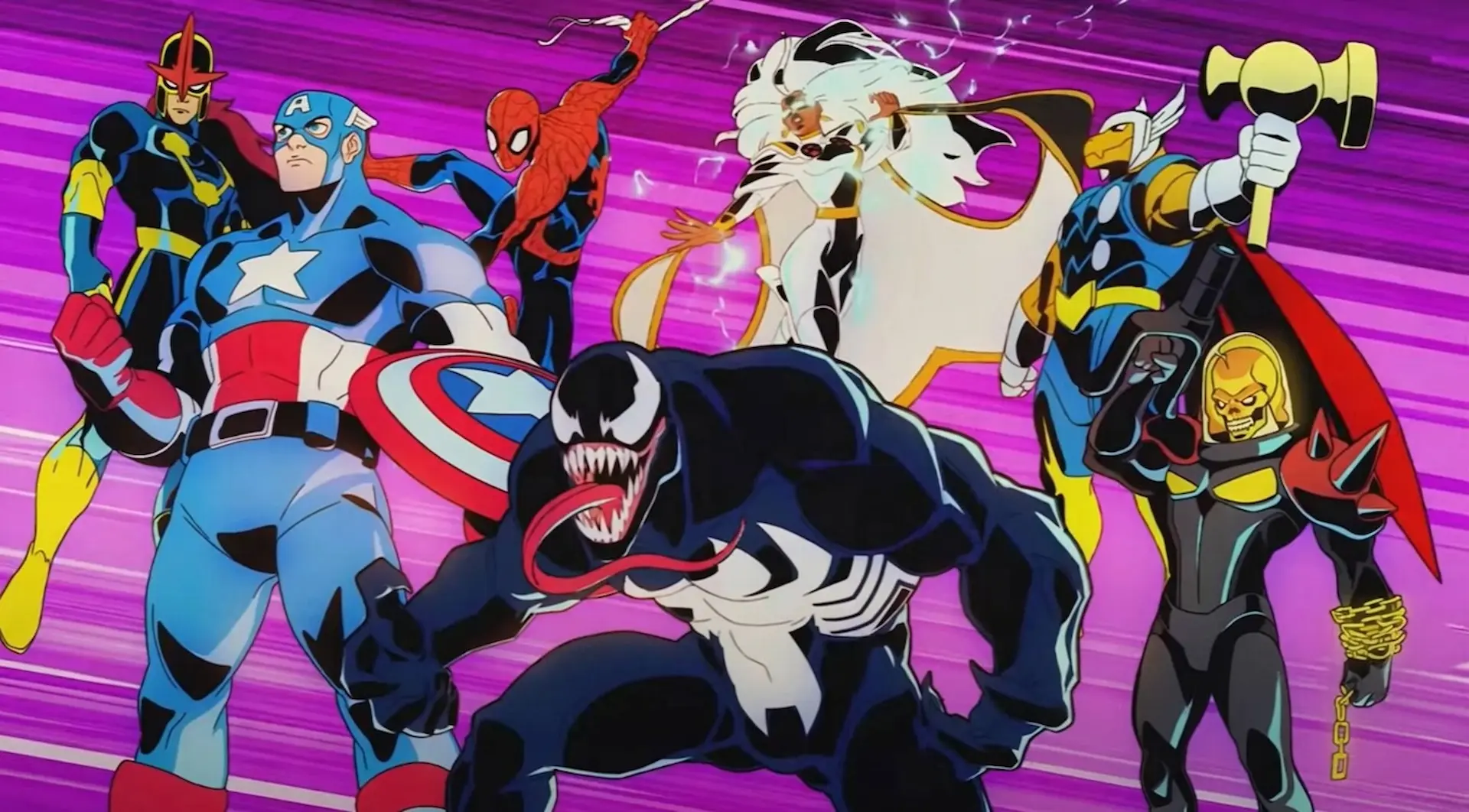 Spider-Man, Capitán América, Tormenta, Venom y más personajes posan en una escena de un tráiler de Marvel Cosmic Invasion.