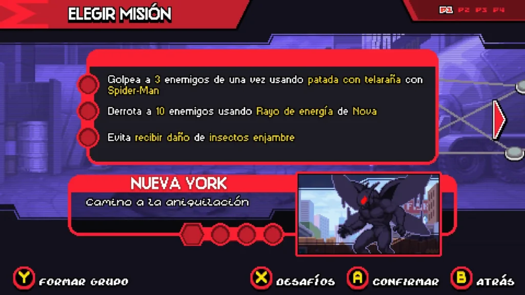 Pantalla de misión de Marvel Cosmic Invasion con tres desafíos para superar en el nivel de Nueva York.