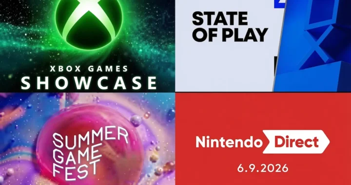 Collage con los logos de Xbox Games Showcase, State of Play, Summer Game Fest y Nintendo Direct del E3 No E3 2026.
