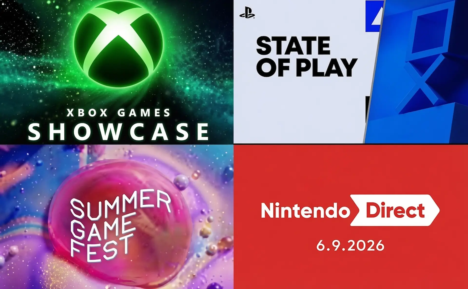 Collage con los logos de Xbox Games Showcase, State of Play, Summer Game Fest y Nintendo Direct del E3 No E3 2026.