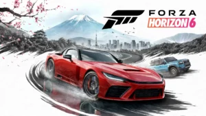Arte oficial de Forza Horizon 6 con un deportivo rojo derrapando ante el monte Fuji y cerezos en flor.