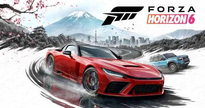 Arte oficial de Forza Horizon 6 con un deportivo rojo derrapando ante el monte Fuji y cerezos en flor.