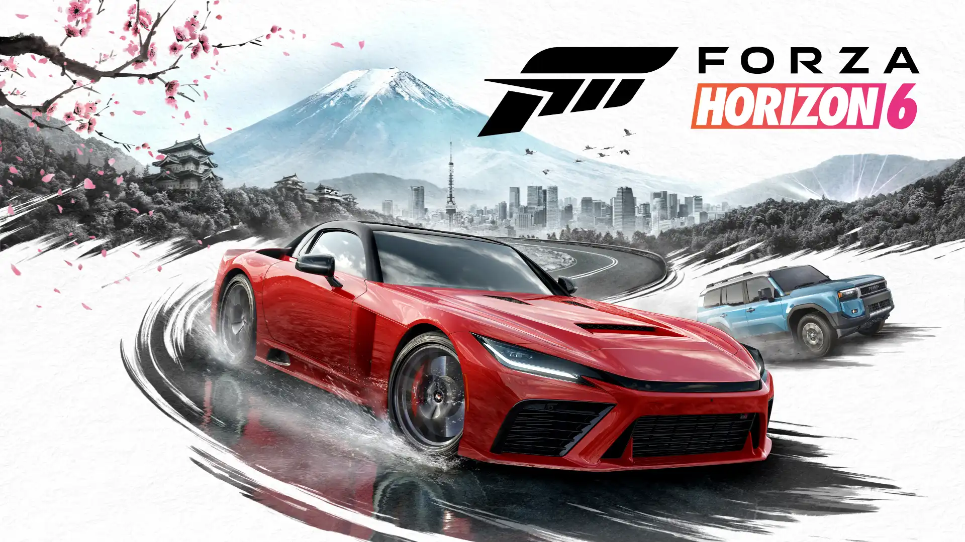 Arte oficial de Forza Horizon 6 con un deportivo rojo derrapando ante el monte Fuji y cerezos en flor.