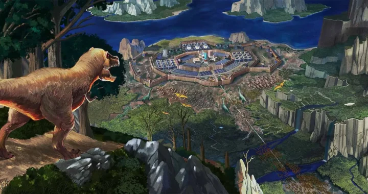 T-Rex rugiendo ante una base fortificada rodeada de dinosaurios en el arte promocional del RTS Repterra.