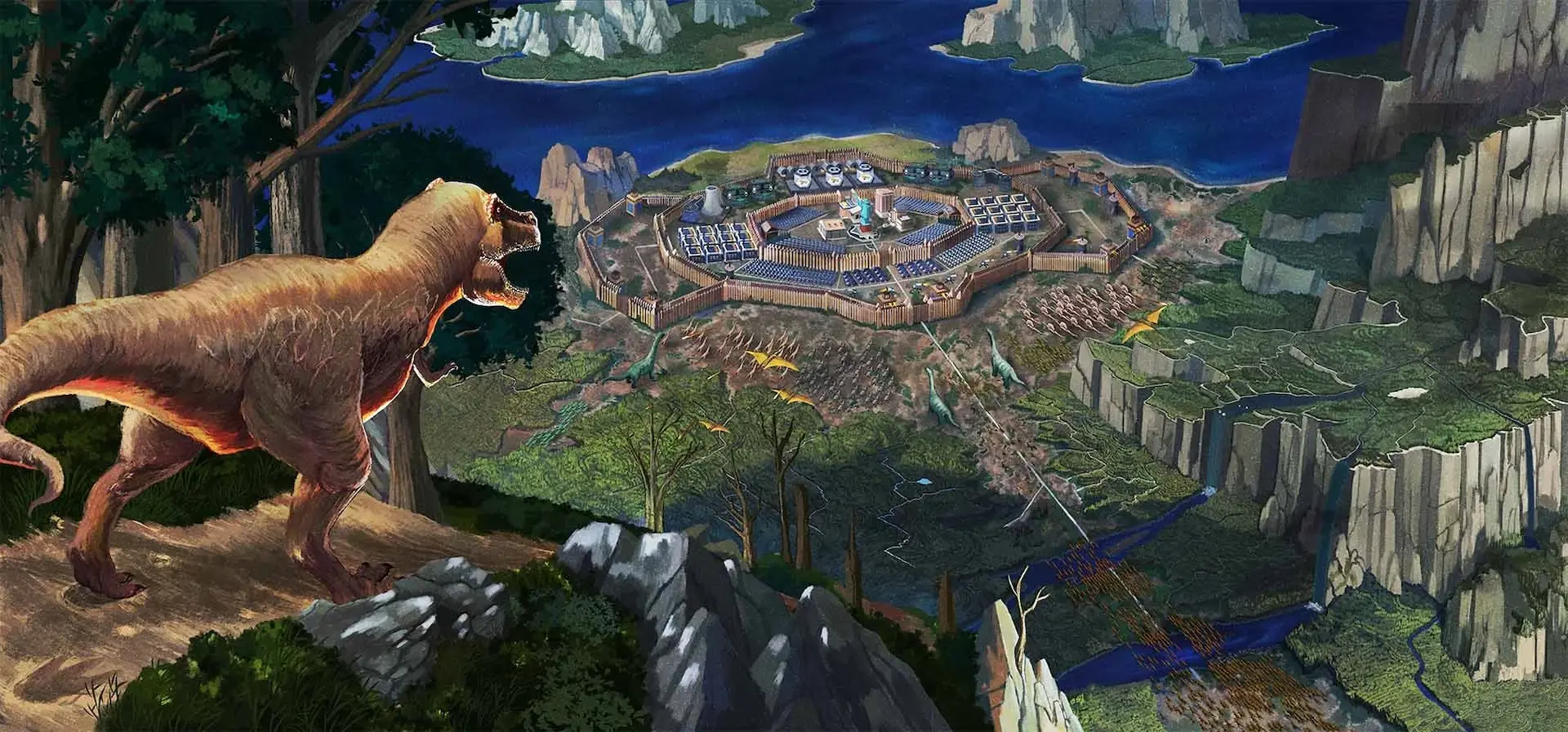 T-Rex rugiendo ante una base fortificada rodeada de dinosaurios en el arte promocional del RTS Repterra.