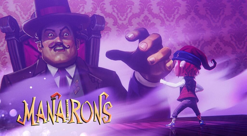 Arte promocional de Manairons con un villano amenazante extendiendo la mano hacia una pequeña protagonista con gorro rojo.