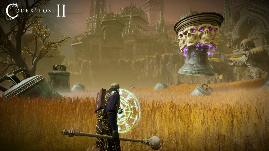 Mago en campo abierto frente a una colosal estructura de calaveras en un escenario oscuro de Codex Lost II.