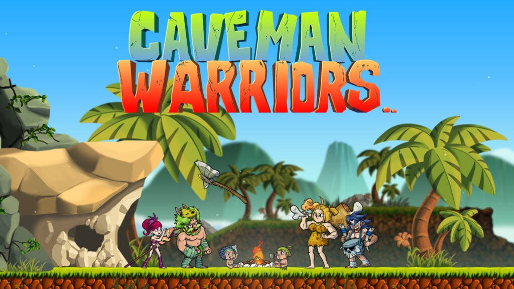 Cuatro personajes prehistóricos del catálogo de JanduSoft posando en un nivel selvático de Caveman Warriors.