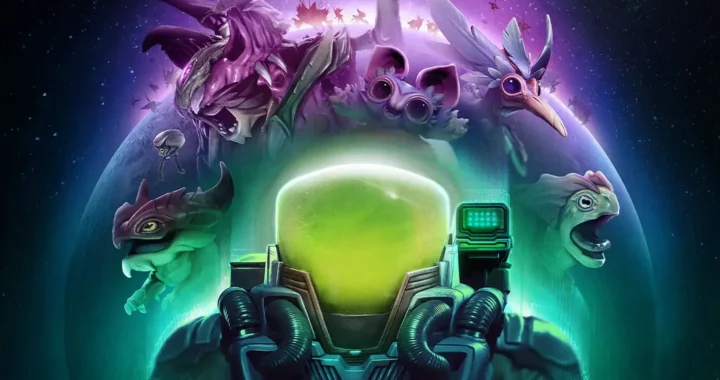 Arte promocional de Voidling Bound: astronauta rodeado de criaturas alienígenas ante un planeta con halo violeta.