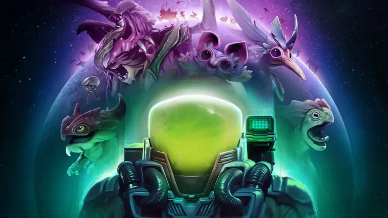 Arte promocional de Voidling Bound: astronauta rodeado de criaturas alienígenas ante un planeta con halo violeta.