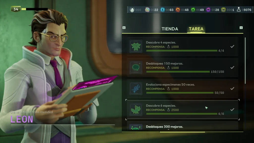 El NPC Leon muestra su lista de tareas completadas en la nave de Voidling Bound, con recompensas de investigación.