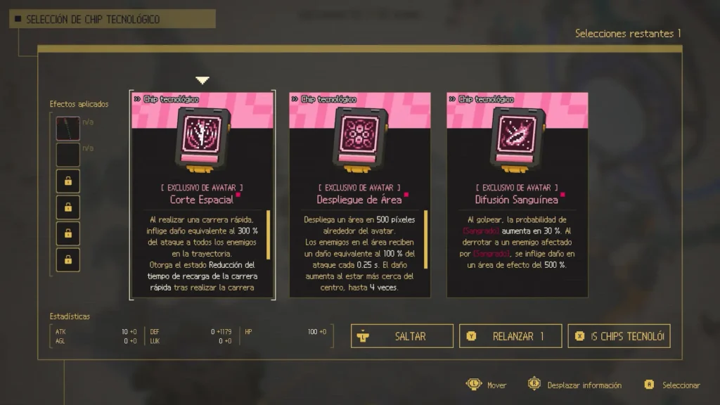 Selección de chips tecnológicos en Ascend to Zero, con tres habilidades exclusivas de avatar para elegir.