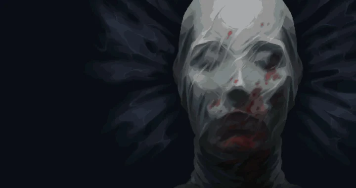 Primer plano del rostro vendado y ensangrentado de un personaje sombrío de Blasphemous 2, enmarcado por alas oscuras.