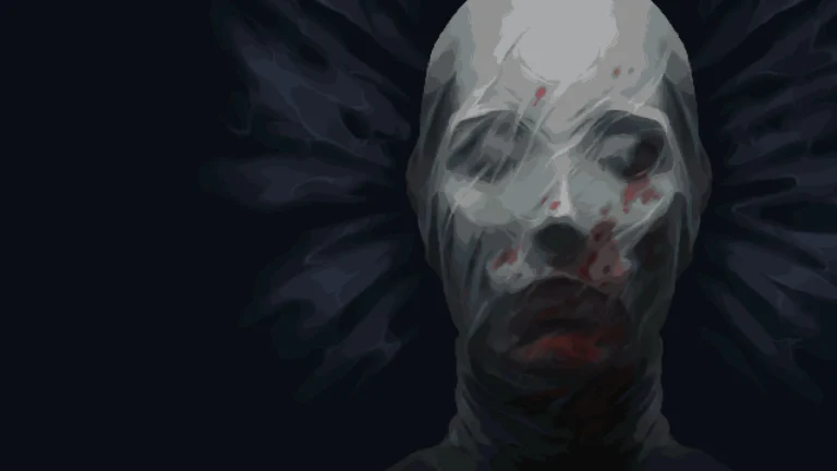 Primer plano del rostro vendado y ensangrentado de un personaje sombrío de Blasphemous 2, enmarcado por alas oscuras.