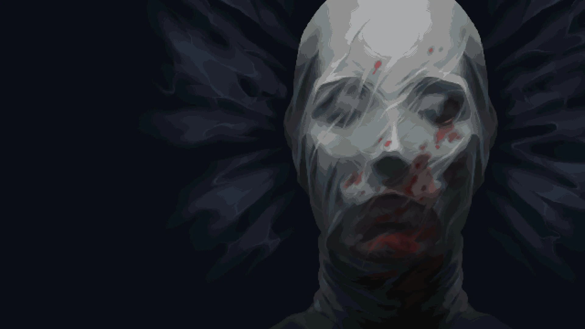 Primer plano del rostro vendado y ensangrentado de un personaje sombrío de Blasphemous 2, enmarcado por alas oscuras.