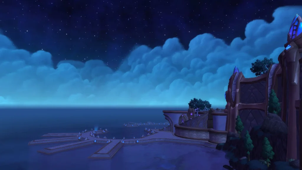 Muelle draenei de Draenor iluminado de noche, con cristales azules frente al mar bajo un cielo estrellado. 
