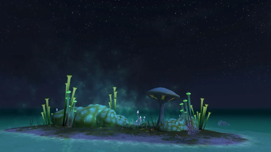 Islote nocturno de Draenor cubierto de coral y hongos brillantes bajo un cielo estrellado.