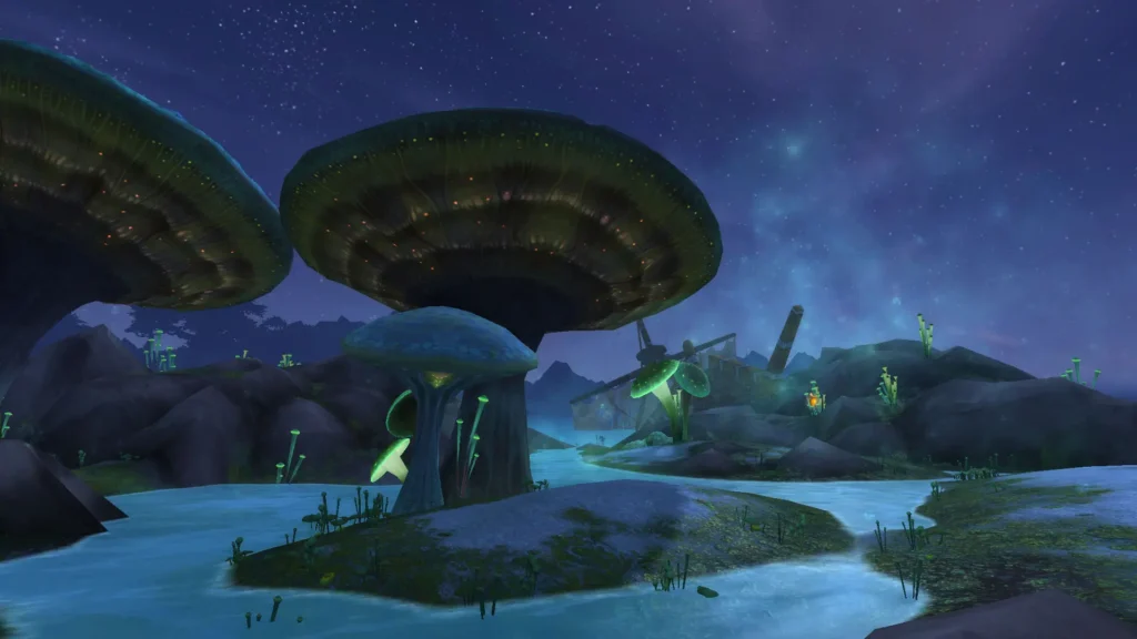 Paisaje nocturno de Draenor: hongos gigantes bioluminiscentes junto a un río, con un naufragio al fondo. 