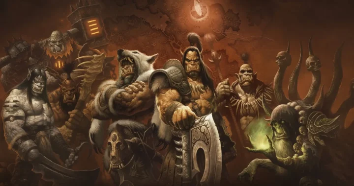 Señores de la guerra orcos de Draenor reunidos con armadura, lobo cabalgable y magia verde de un chamán.