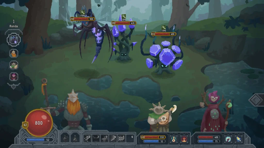 Trío de aventureros se enfrenta a criaturas del bosque en un combate por turnos de Lootbound.