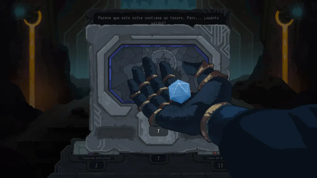 Una mano sostiene un dado d20 translúcido ante un cofre, decidiendo el valor del botín en Lootbound.