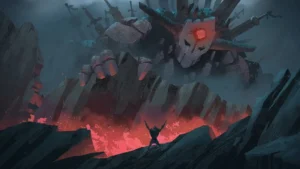Guerrero desafía a un coloso rocoso rodeado de espadas clavadas, con lava roja al fondo en Lootbound.