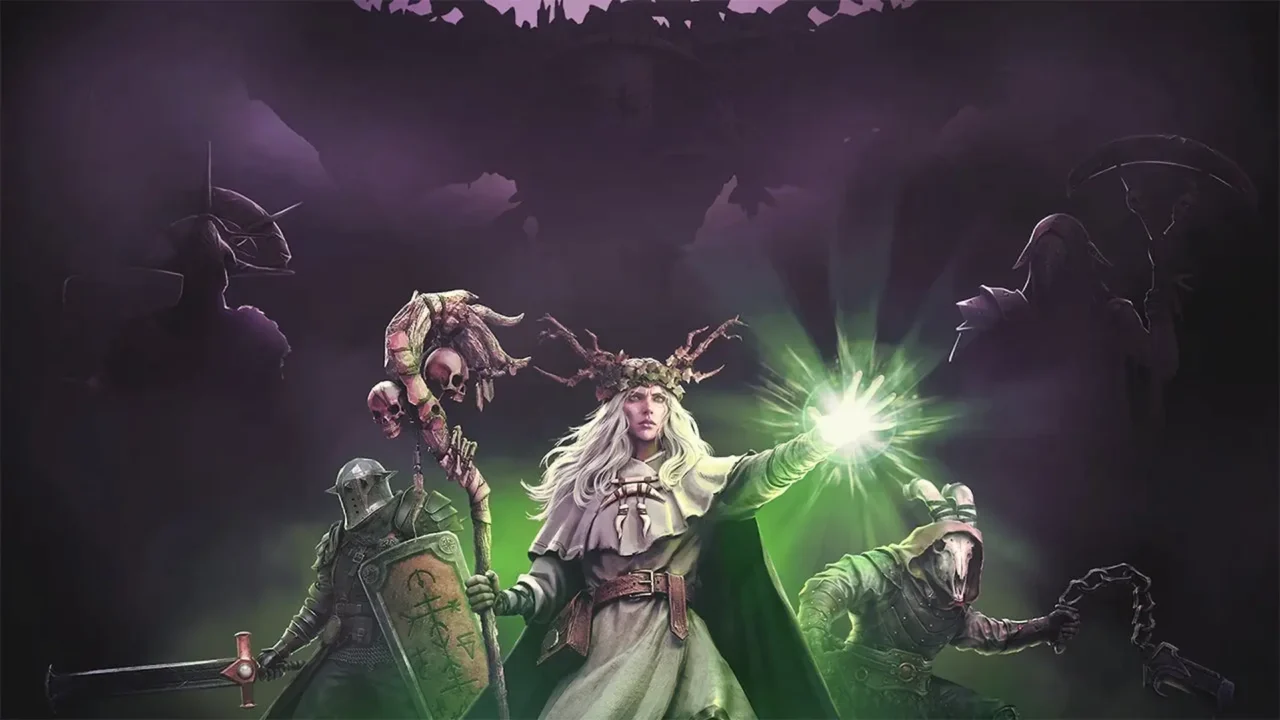 Arte clave de Solnox con una guardiana de magia verde flanqueada por un caballero y un aliado encapuchado.
