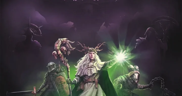 Arte clave de Solnox con una guardiana de magia verde flanqueada por un caballero y un aliado encapuchado.