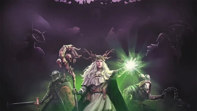 Arte clave de Solnox con una guardiana de magia verde flanqueada por un caballero y un aliado encapuchado.