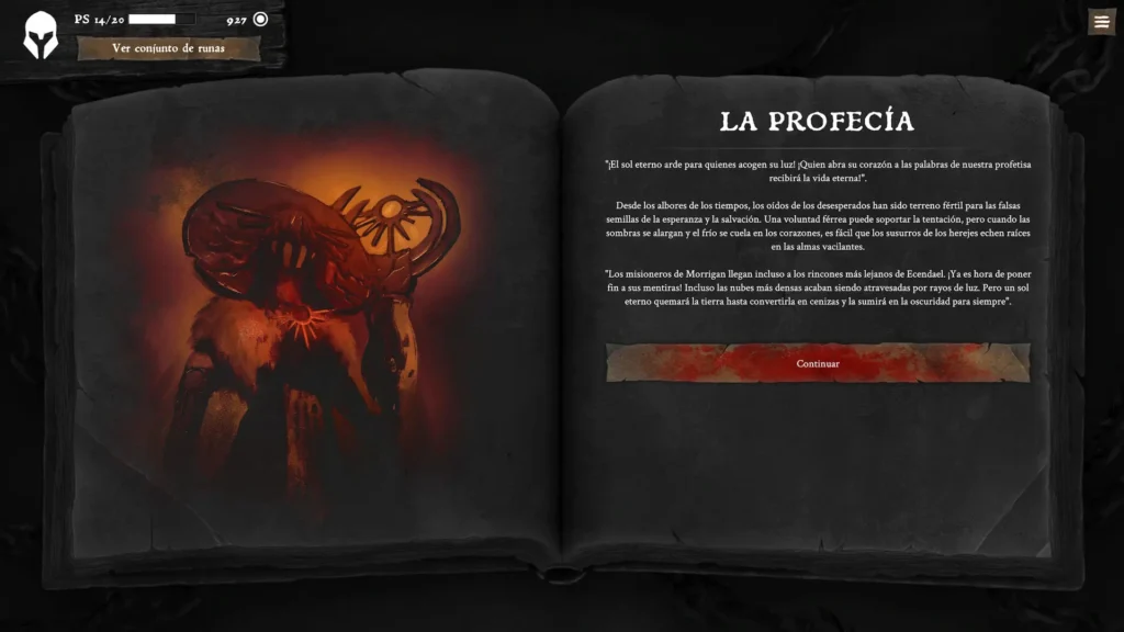 Página del grimorio en Solnox con una profecía del culto solar que advierte de las mentiras de Morrigan.