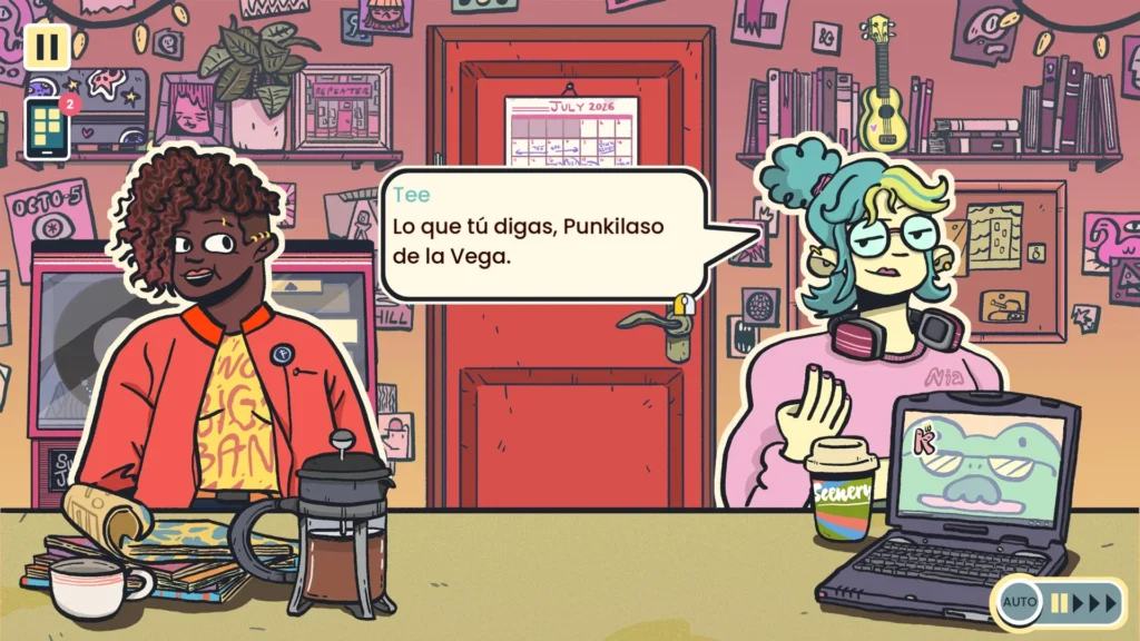 Dos personajes del juego hablando en la tienda. La chica de pelo de colores le dice a la otra "Lo que tú digas, Punkilaso de la Vega".