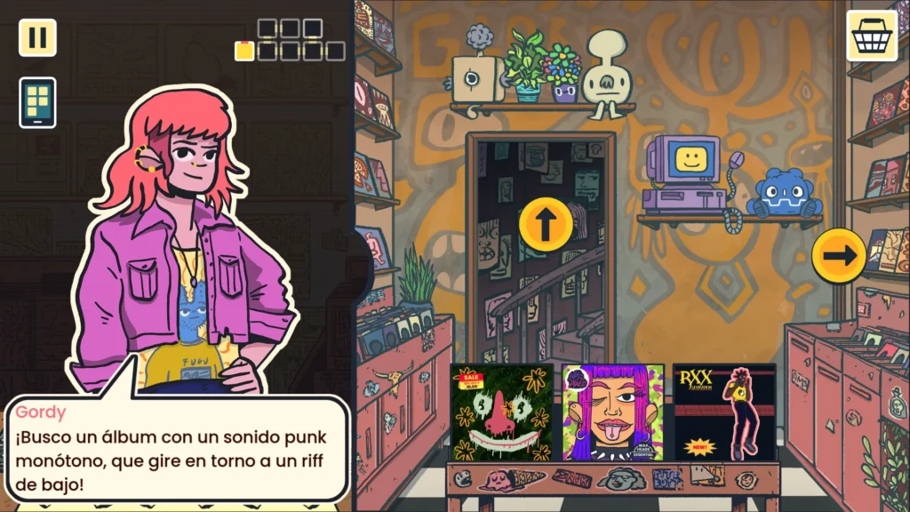 Una chica punk llamada Gordy pregunta por un álbum en concreto. Se ve un corte de los estantes de la tienda, con discos llamativos.